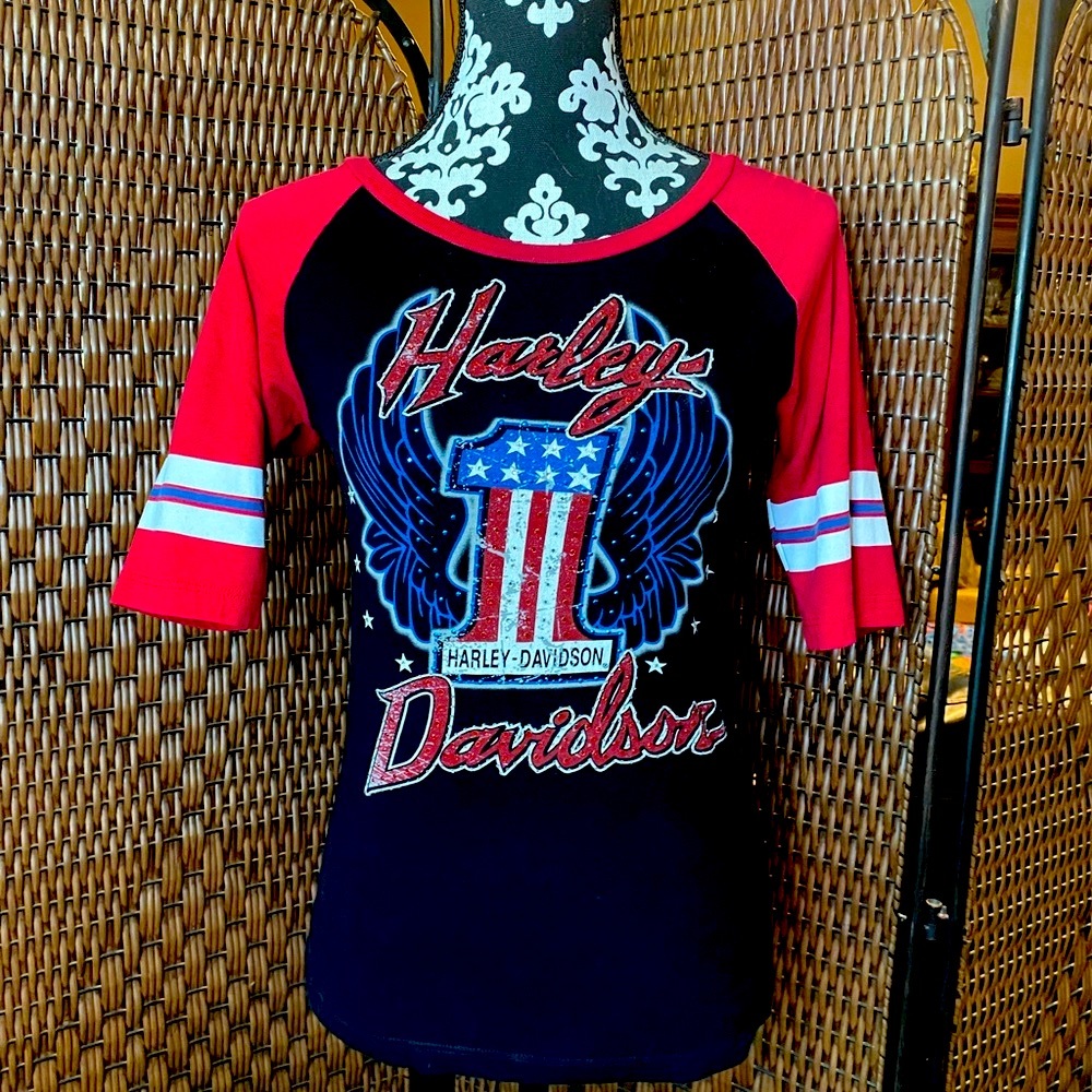 Harley Davidson Red, White, and Blue women’s top size small with glitter & studs